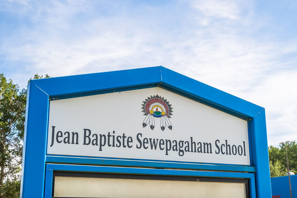 Jean Baptiste Sewepagaham School sign, Fox Lake, Alberta